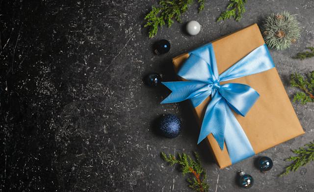 A gift with a light blue bow. There are ornaments and pine cones near the gift.